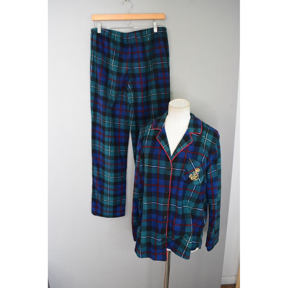 Lauren Ralph Lauren Pajama Set Medium Blue Green Plaid Fleece Sleepwear Womens